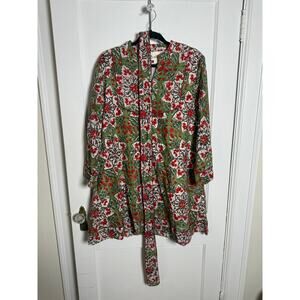 Fox & Hen Green Red Block Print Short Kaftan Tie Waist Floral Dress Women's XL